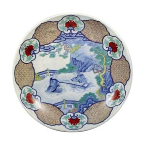 Dish with design of men playing koto. enamelled ware