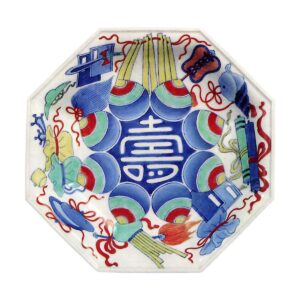 Octagonal dish with design of "various treasures" aroundcharacter kotobuki ("Congratulations"). enamelled ware