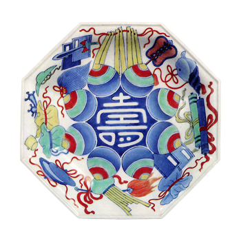 Octagonal dish with design of "various treasures" aroundcharacter kotobuki ("Congratulations"). enamelled ware