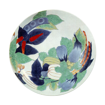 Dish with design of various vegetables. enamelled ware
