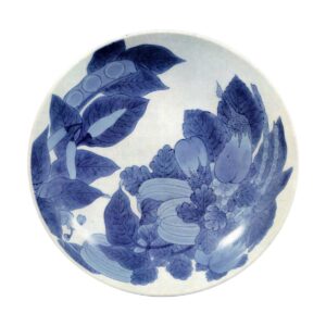 Dish with design of various vegetables. blue and white