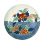 Dish with design of peonies and seigaiha waves. enamelled ware