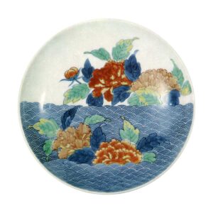 Dish with design of peonies and seigaiha waves. enamelled ware