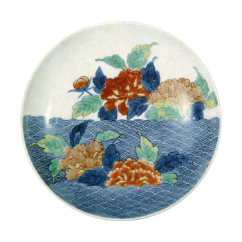 Dish with design of peonies and seigaiha waves. enamelled ware
