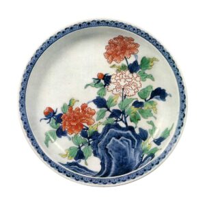 Dish with rock and peony design. enamelled ware