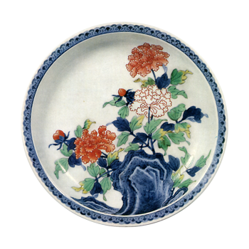 Dish with rock and peony design. enamelled ware