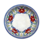 Dish with scrolling peony design. enamelled ware