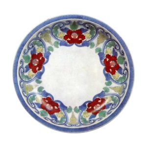 Dish with scrolling peony design. enamelled ware