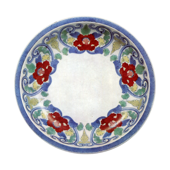 Dish with scrolling peony design. enamelled ware