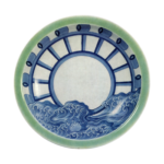 Dish with water mill design. celadon glaze. and blue and white