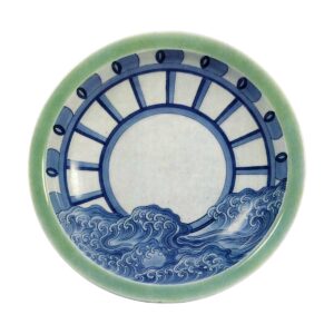 Dish with water mill design. celadon glaze. and blue and white