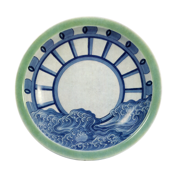 Dish with water mill design. celadon glaze. and blue and white