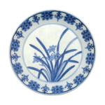 Dish with daffodil design. blue and white