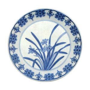 Dish with daffodil design. blue and white