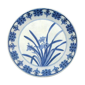 Dish with daffodil design. blue and white