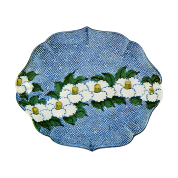 Dish with camellia blossom design. enamelled ware
