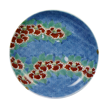 Dish with camellia blossom design. enamelled ware