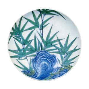 Dish with rock and bamboo design. enamelled ware