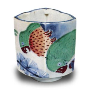 Wine cup with morning glory design. enamelled ware