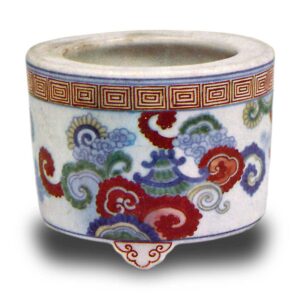 Incense burner with cloud and towered pavilion design. enamelled ware