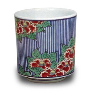 Wine cup with camellia blossom design. enamelled ware