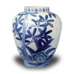 Large pot with yuzuriha plant design. blue and white
