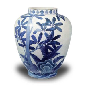 Large pot with yuzuriha plant design. blue and white