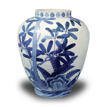 Large pot with yuzuriha plant design. blue and white