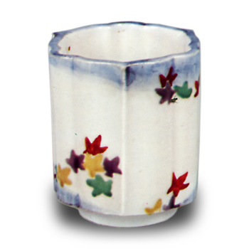 Wine cup with maple leaf design. underglaze blue. overglaze enamels
