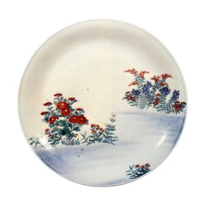 Dish with autumn grass design. underglaze blue. overglaze enamels