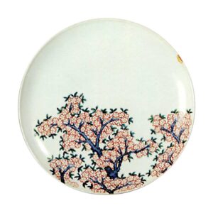 Dish with cherry tree design. underglaze blue. overglaze enamels