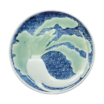 Dish with radish design.celadon glaze.and blue and white on reserved area