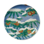 Dish with design of bamboos covered with snow. underglaze blue. overglaze enamels