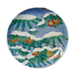 Dish with design of bamboos covered with snow.  underglaze blue. overglaze enamels