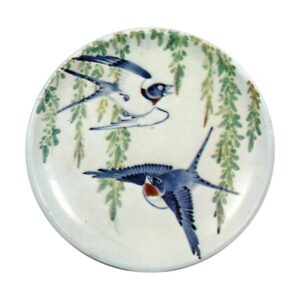 Dish with willow and swallow design. underglaze blue.overglaze enamels