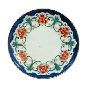 Dish with peony scroll design. underglaze blue. overglaze enamels