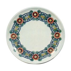 Dish with chrysanthemum scroll design. underglaze blue. overglaze enamels