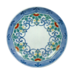 Dish with floral scroll design. underglaze blue. overglaze enamels