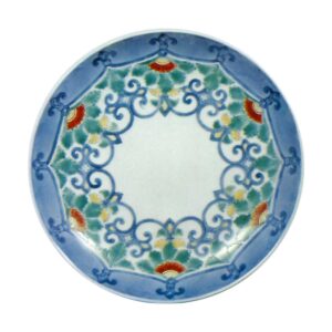 Dish with floral scroll design. underglaze blue. overglaze enamels