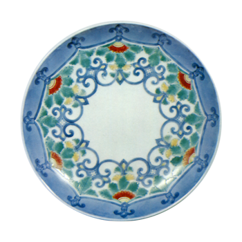 Dish with floral scroll design. underglaze blue. overglaze enamels