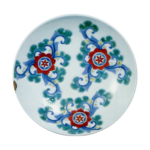 Dish with karahana (conventionalized flower) design. underglaze blue. overgiaze enamels