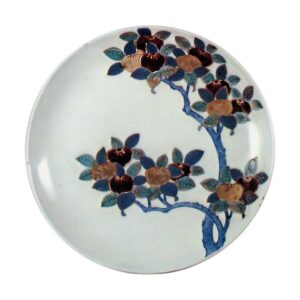 Dish with mandarin orange design. underglaze blue. overglaze enamels