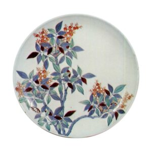 Dish with nandin design. underglaze blue. overglaze enamels