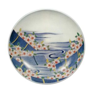 Dish with flower･and･raft design. underglaze blue. overgiaze enamels