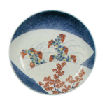 Dish with design of folding fans and seigaiha (conventionalized overlap ping waves).undergiaze blue. overglaze enamels