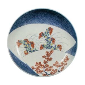 Dish with design of folding fans and seigaiha (conventionalized overlap ping waves).undergiaze blue. overglaze enamels