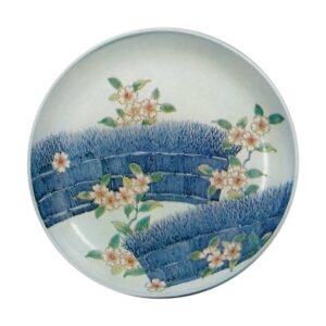 Dish with design of cherries along brushwood fences. underglaze blue. overglaze enamels