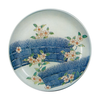 Dish with design of cherries along brushwood fences. underglaze blue. overglaze enamels