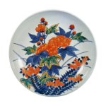 Dish with hibiscus and chrysanthemum design. undergiaze blue. over glaze enamels