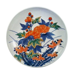 Dish with hibiscus and chrysanthemum design. undergiaze blue. over glaze enamels